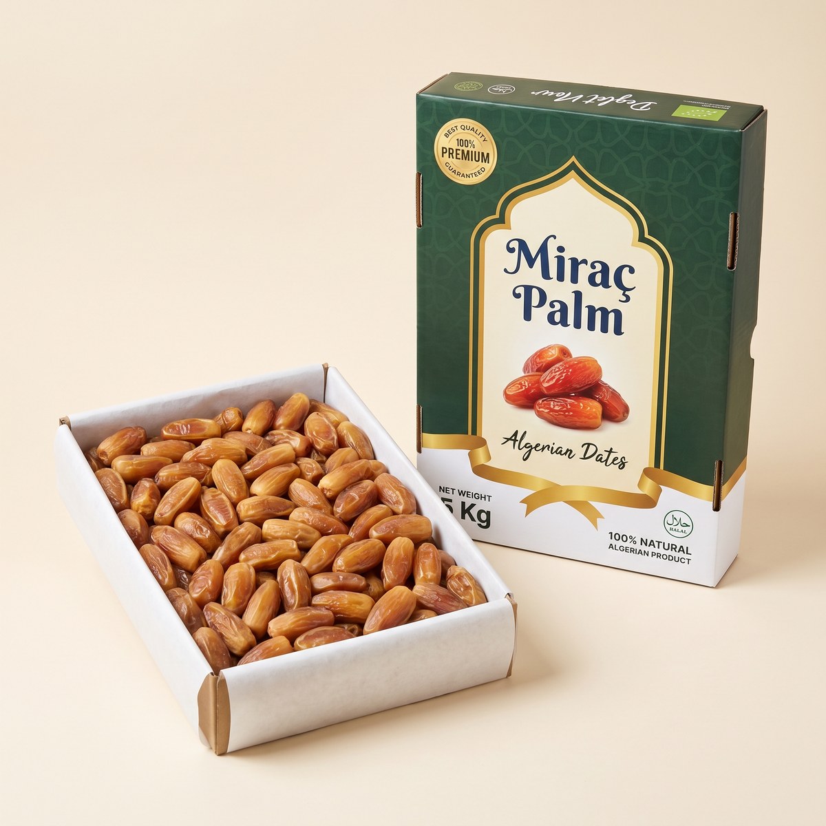 Miraç Palm 5 kg carton with an open tray of loose destemmed Algerian Deglet Noor dates