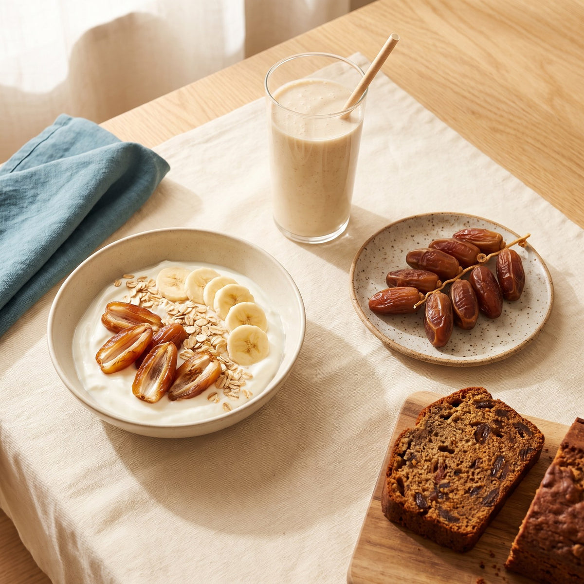 Breakfast table with a yogurt bowl topped with Deglet Noor dates, a date smoothie, whole dates on the strand and a slice of date loaf
