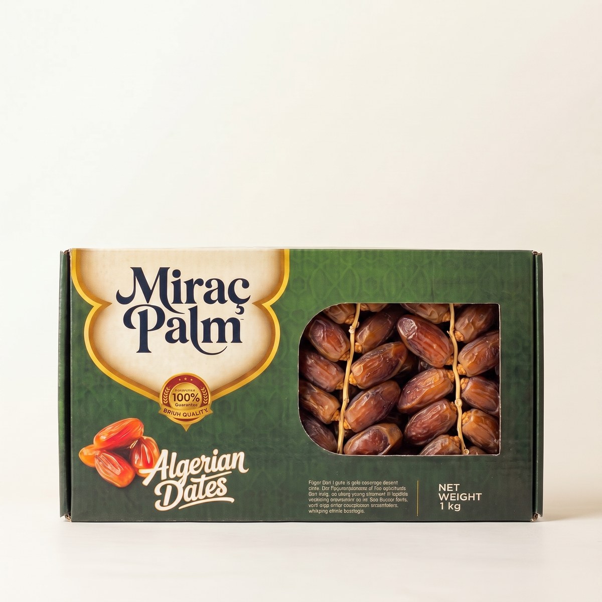 Miraç Palm 1 kg window carton of Algerian Deglet Noor dates on the strand
