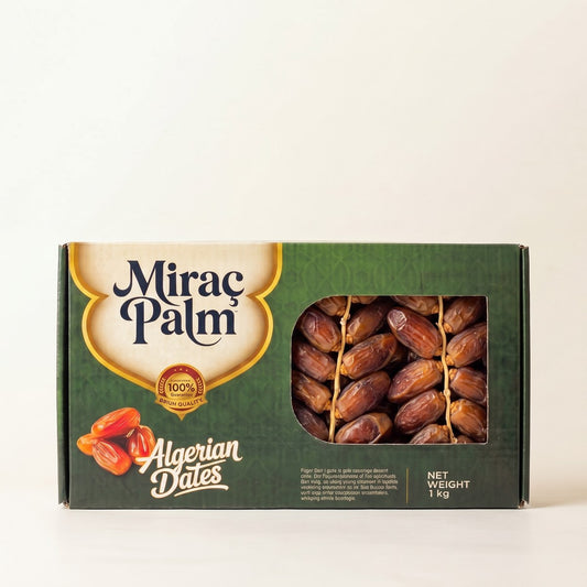 Miraç Palm 1 kg window carton of Algerian Deglet Noor dates on the strand